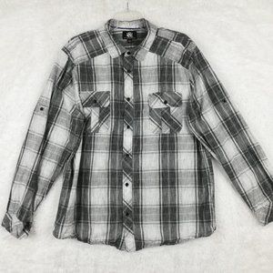 Rock & Republic Mens Shirt 2XL Button‎ Down Gray White Plaid Long Sleeve XXL